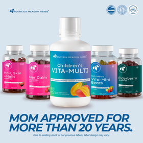 Multivitamines liquides pour enfants Mountain Meadow Herbs, arrière de la bouteille