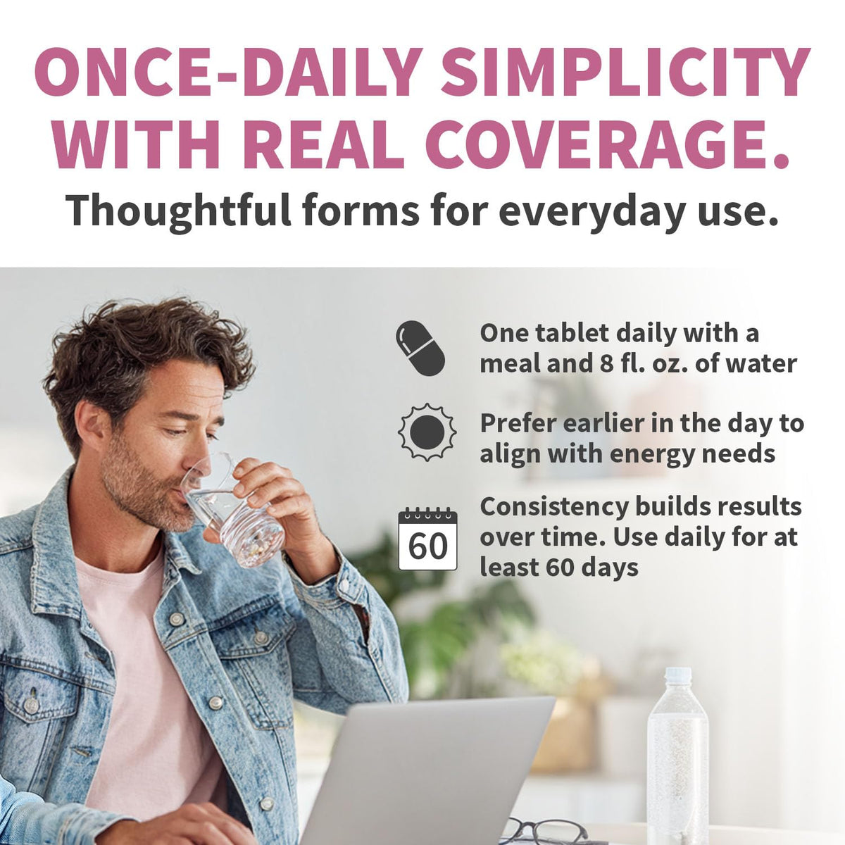 Multivitamines MEDCHOICE sur une table avec un verre d'eau