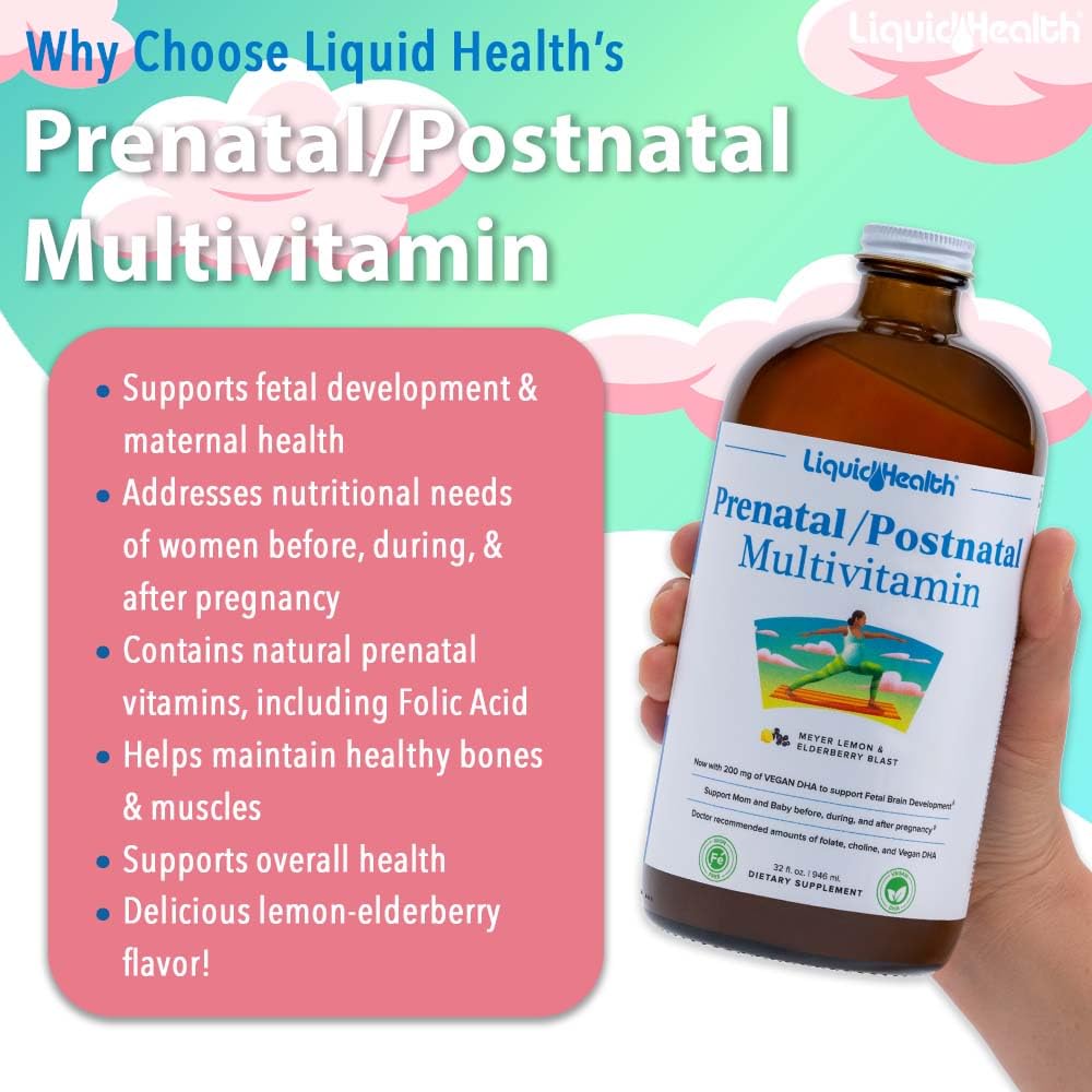 Multivitamines prénatales LIQUIDHEALTH, vue du dessous avec étiquette