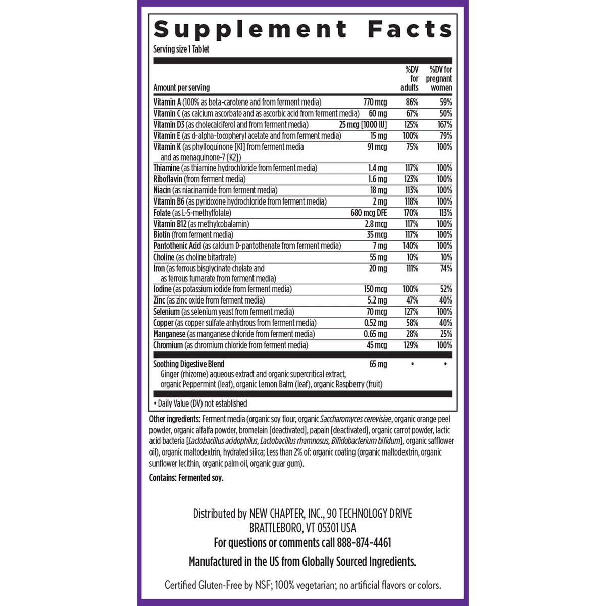 Multivitamines prénatales New Chapter, arrière de la boîte