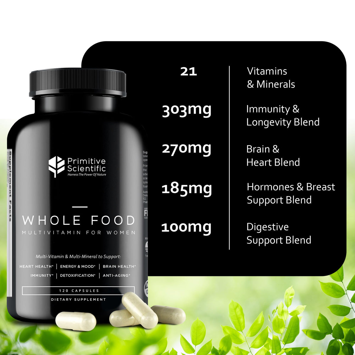 Multivitamines Primitive Scientific 120 capsules sur fond blanc