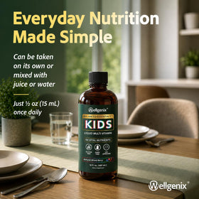 Multivitamines Wellgenix sur une table avec d'autres aliments sains