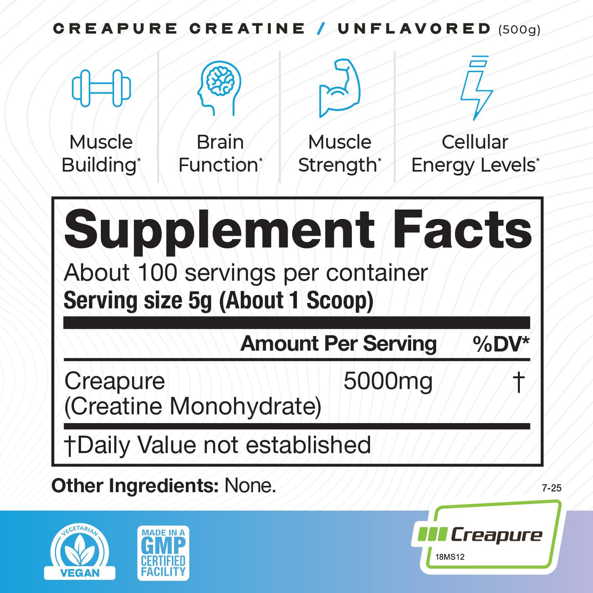 Muscle Feast Creapure créatine monohydrate 500g dos de l'emballage