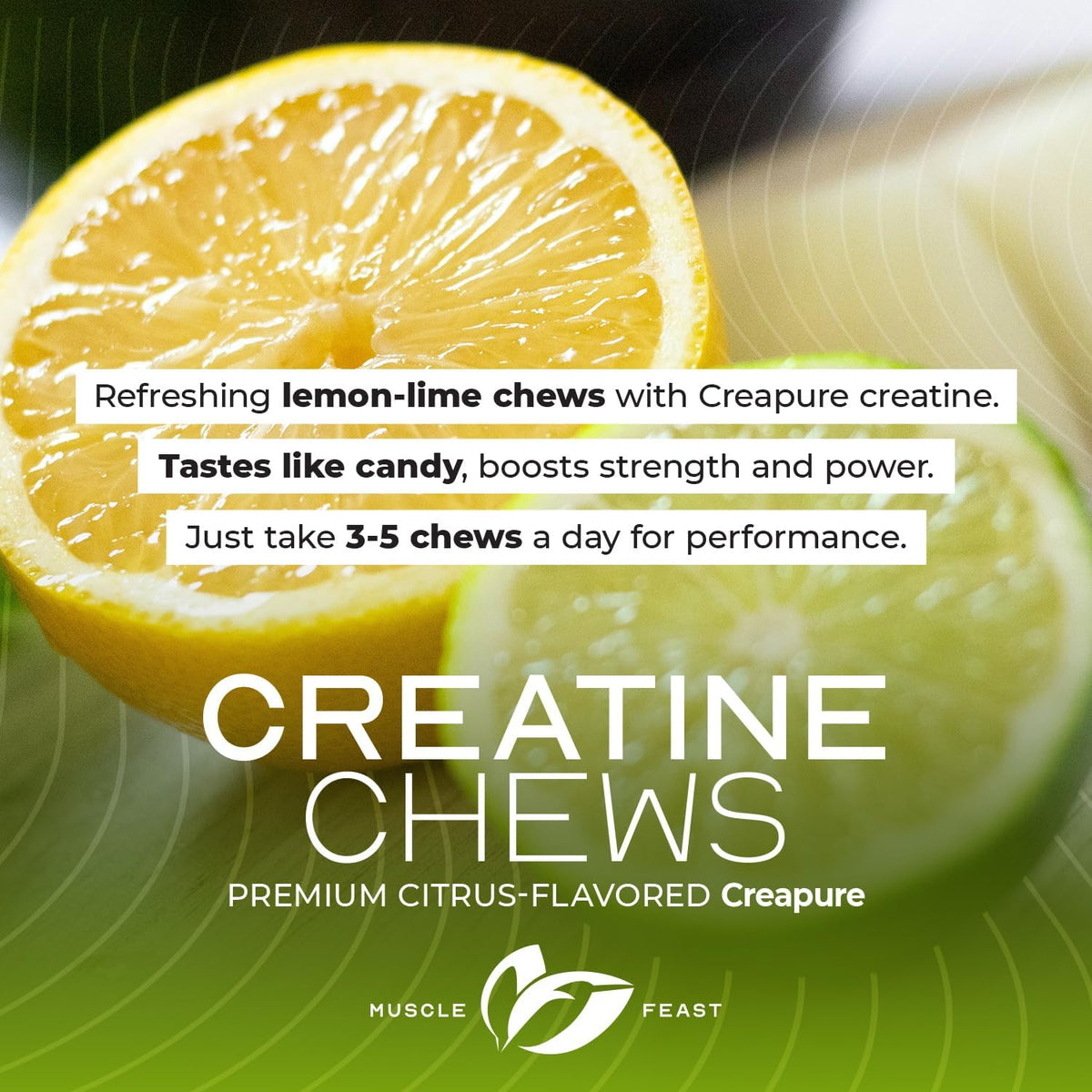 Muscle Feast Créatine Monohydrate Chewables Citron Vert, présentation sur une table