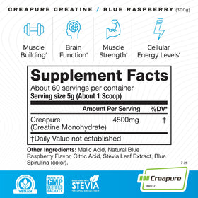 Muscle Feast Créatine Monohydrate Creapure 300g Framboise Bleue en poudre dans un verre
