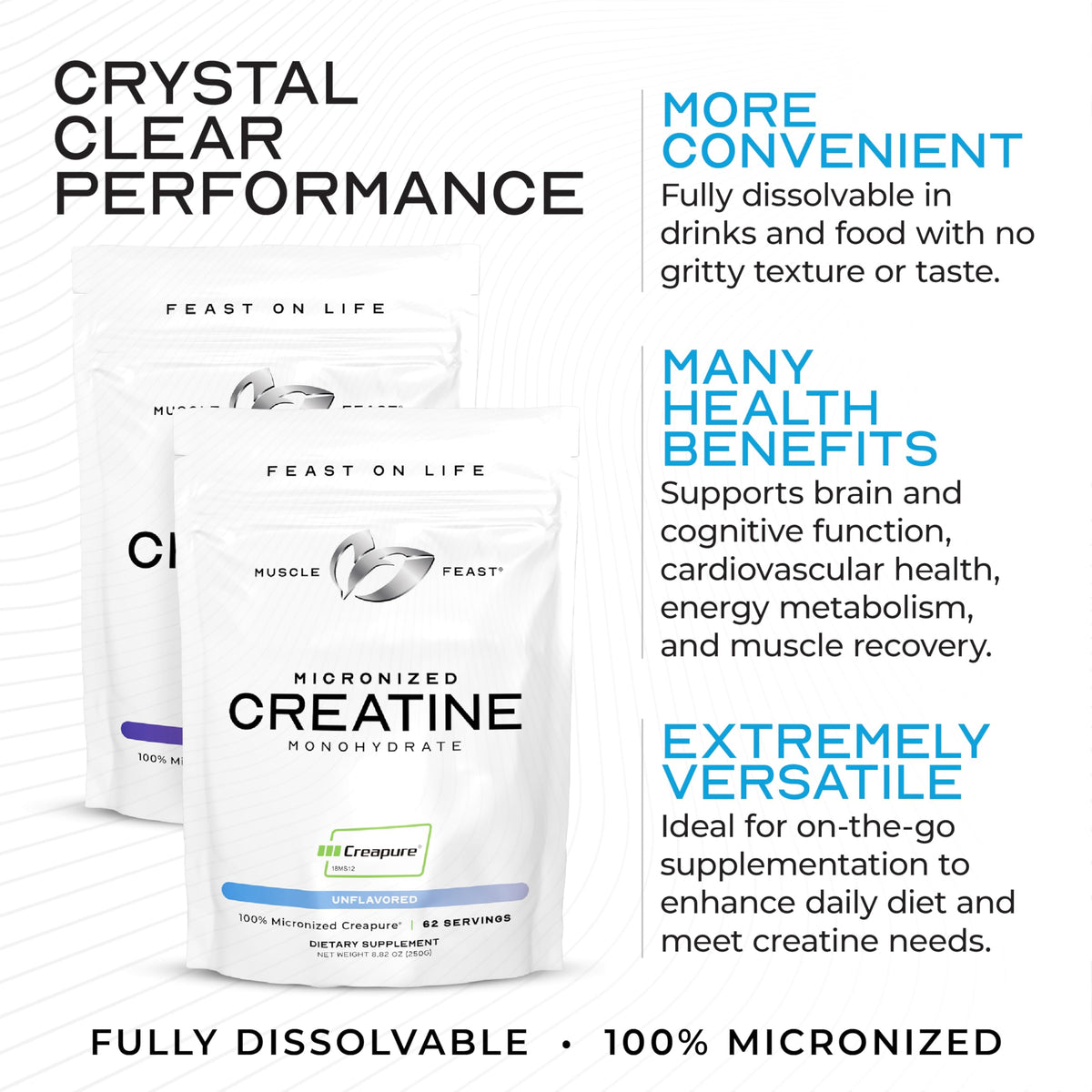 Muscle Feast Créatine Monohydrate en poudre dans un verre d'eau