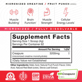 Muscle Feast Créatine Monohydrate Micronisée 275g Saveur Fruit Punch avec verre d'eau