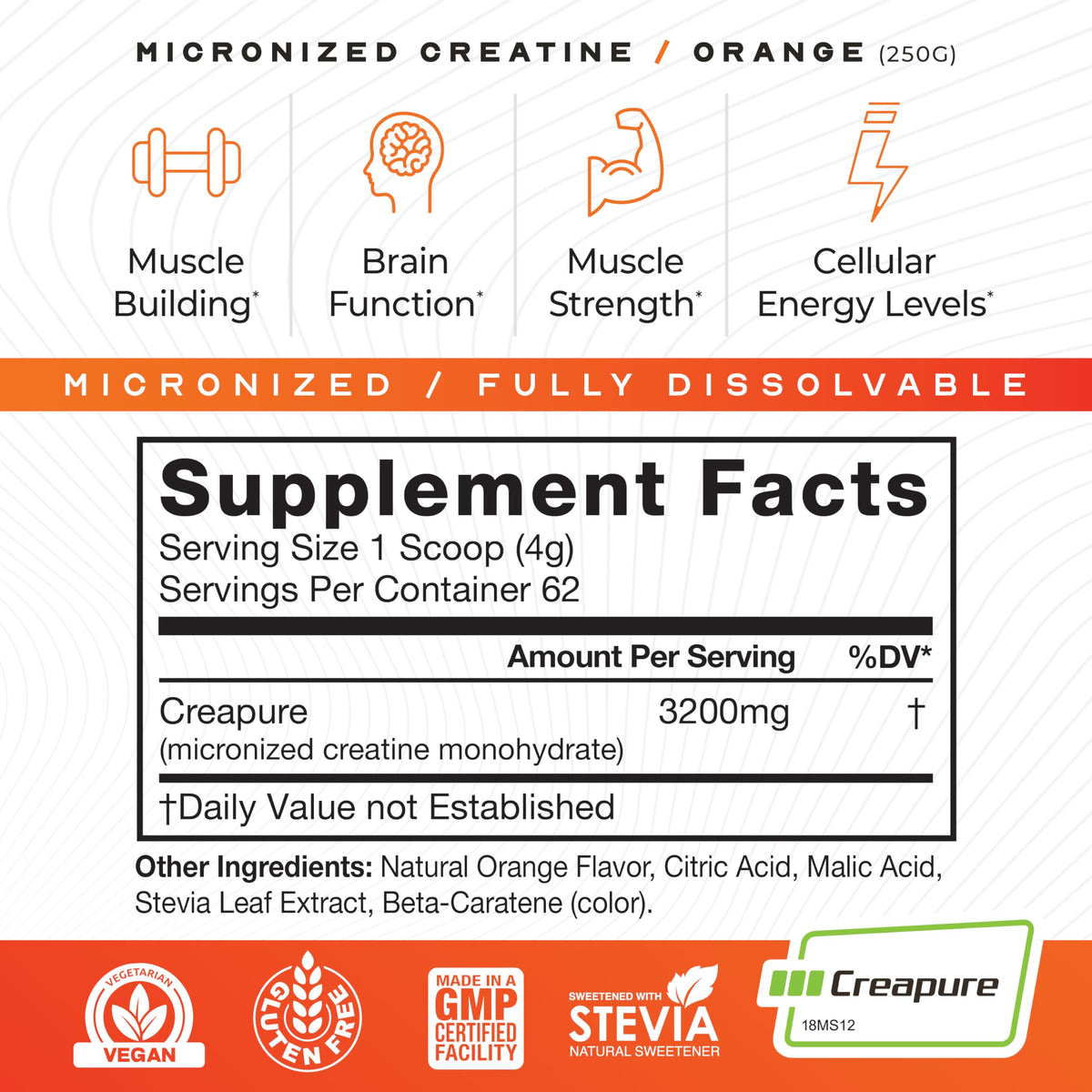 Muscle Feast Créatine Monohydrate poudre orange sur une cuillère