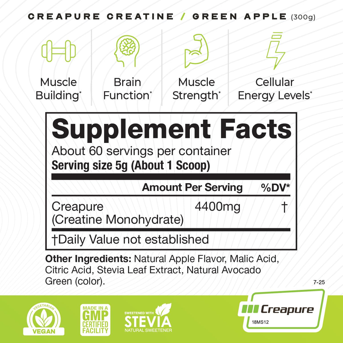 Muscle Feast Poudre de Créatine Monohydrate Creapure Pomme Verte 300g contenu