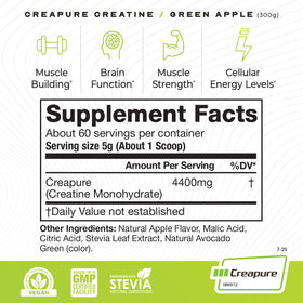 Muscle Feast Poudre de Créatine Monohydrate Creapure Pomme Verte 300g contenu