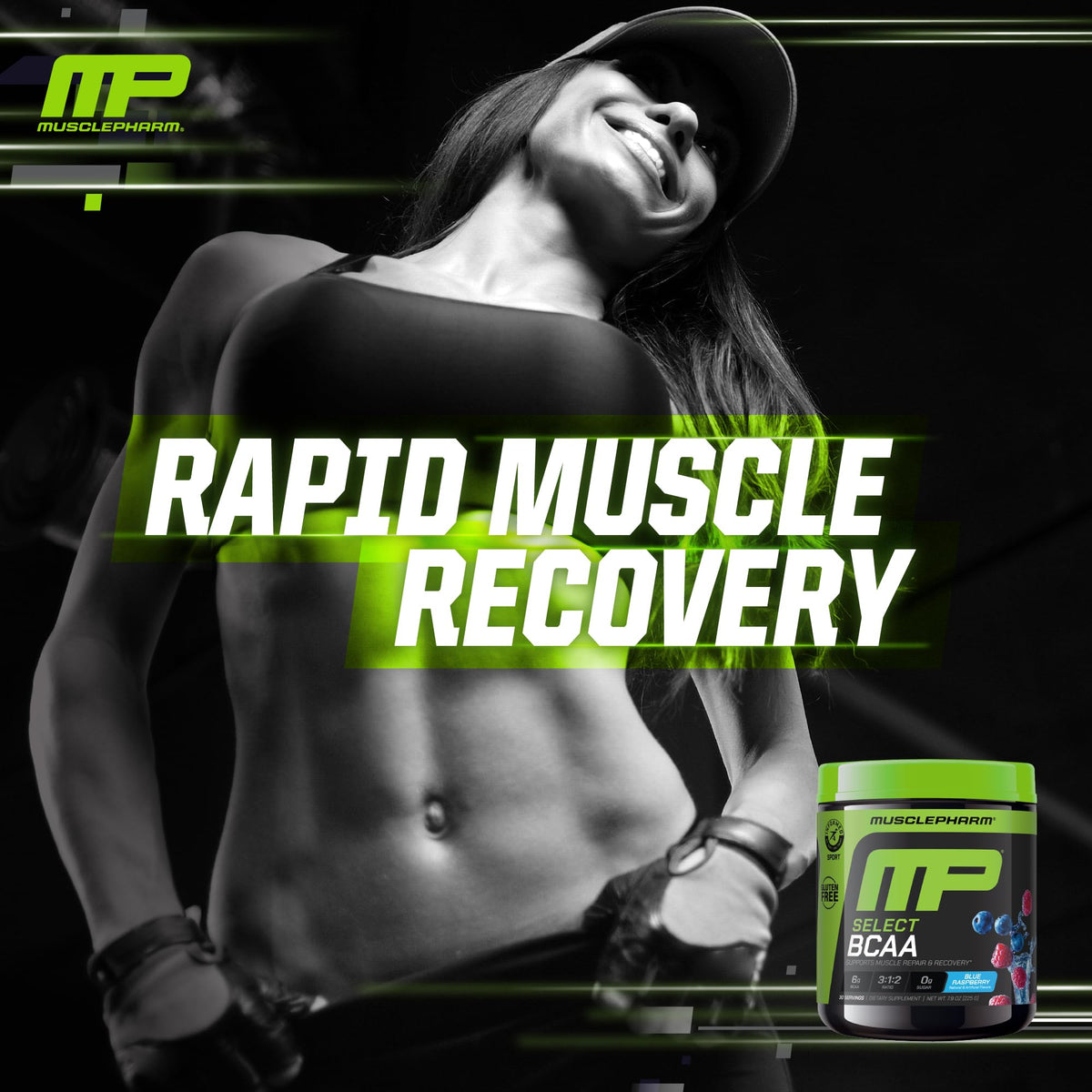 Muscle Pharm BCAA Powder 290g avec fruits frais en arrière-plan