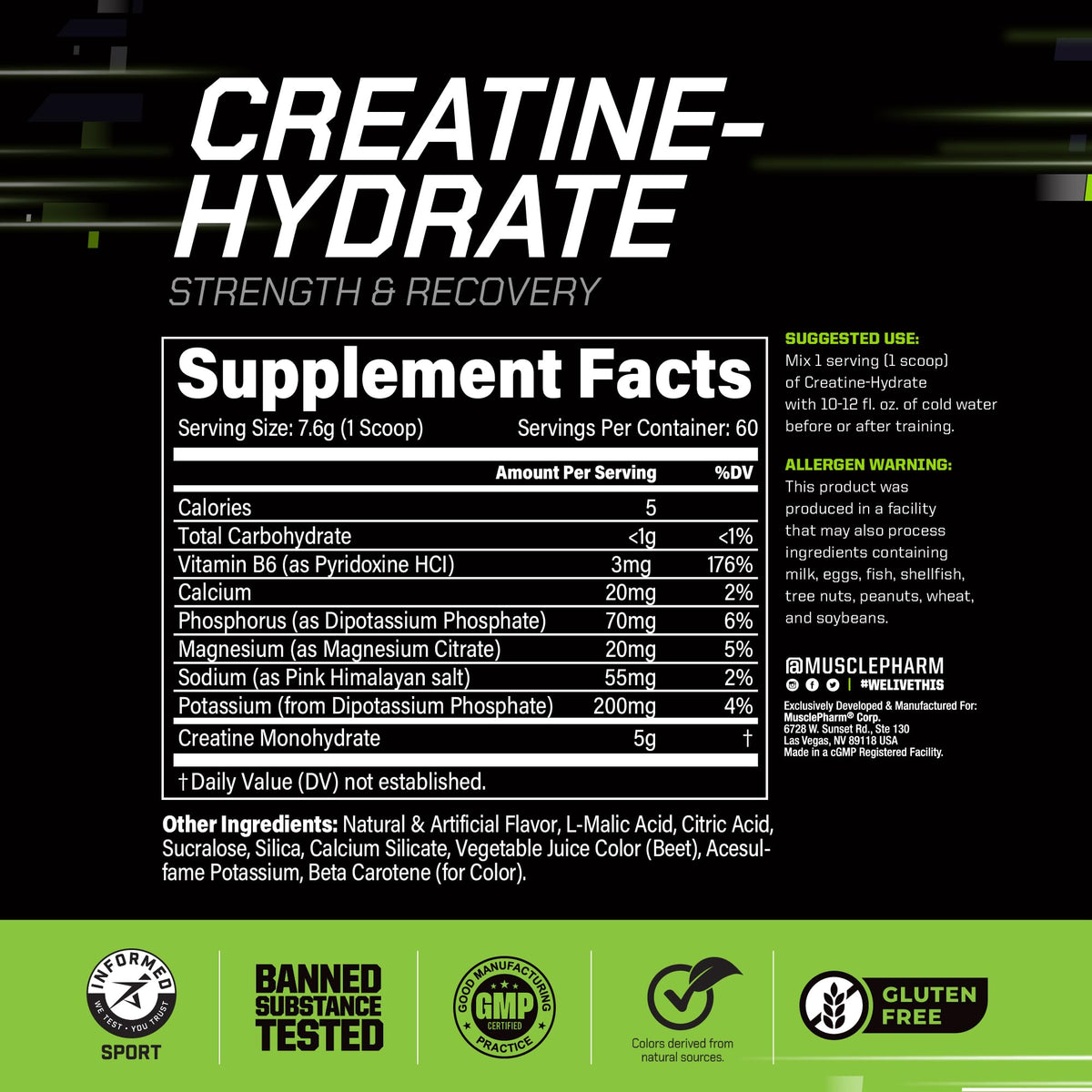 Muscle Pharm Créatine Monohydrate Hydratation - ingrédients et valeurs nutritionnelles