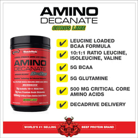MuscleMeds Amino Decanate 384g sur une surface de gym