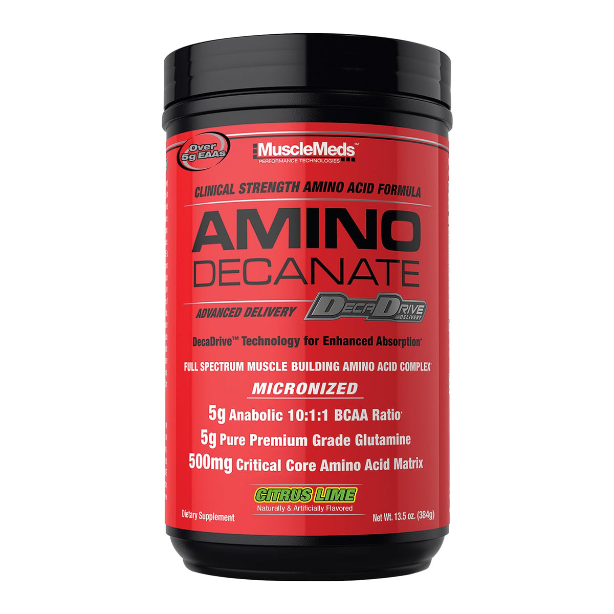 MuscleMeds Amino Decanate 384g vue avant avec étiquette citron vert