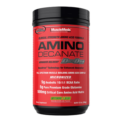 MuscleMeds Amino Decanate 384g vue avant avec étiquette citron vert