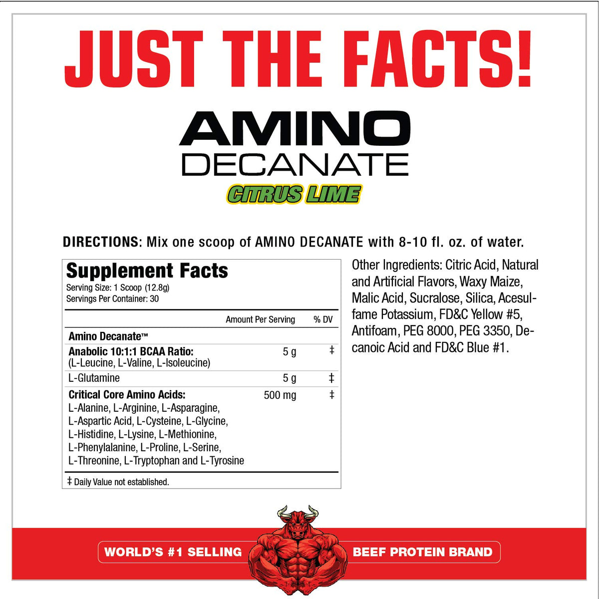 MuscleMeds Amino Decanate 384g vue de côté montrant le couvercle