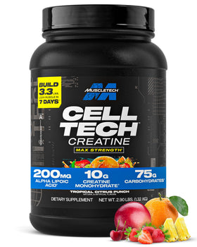 MuscleTech Poudre de Créatine Monohydrate 3LB vue avant avec étiquette Tropical Citrus Punch