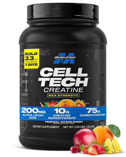 MuscleTech Poudre de Créatine Monohydrate 3LB vue avant avec étiquette Tropical Citrus Punch