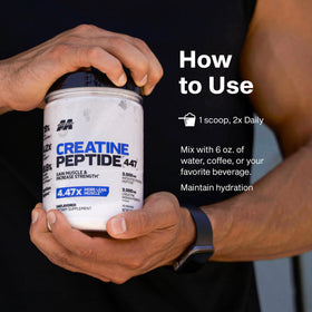 MuscleTech Poudre de Créatine Peptide 3000mg - présentation avec accessoires de sport