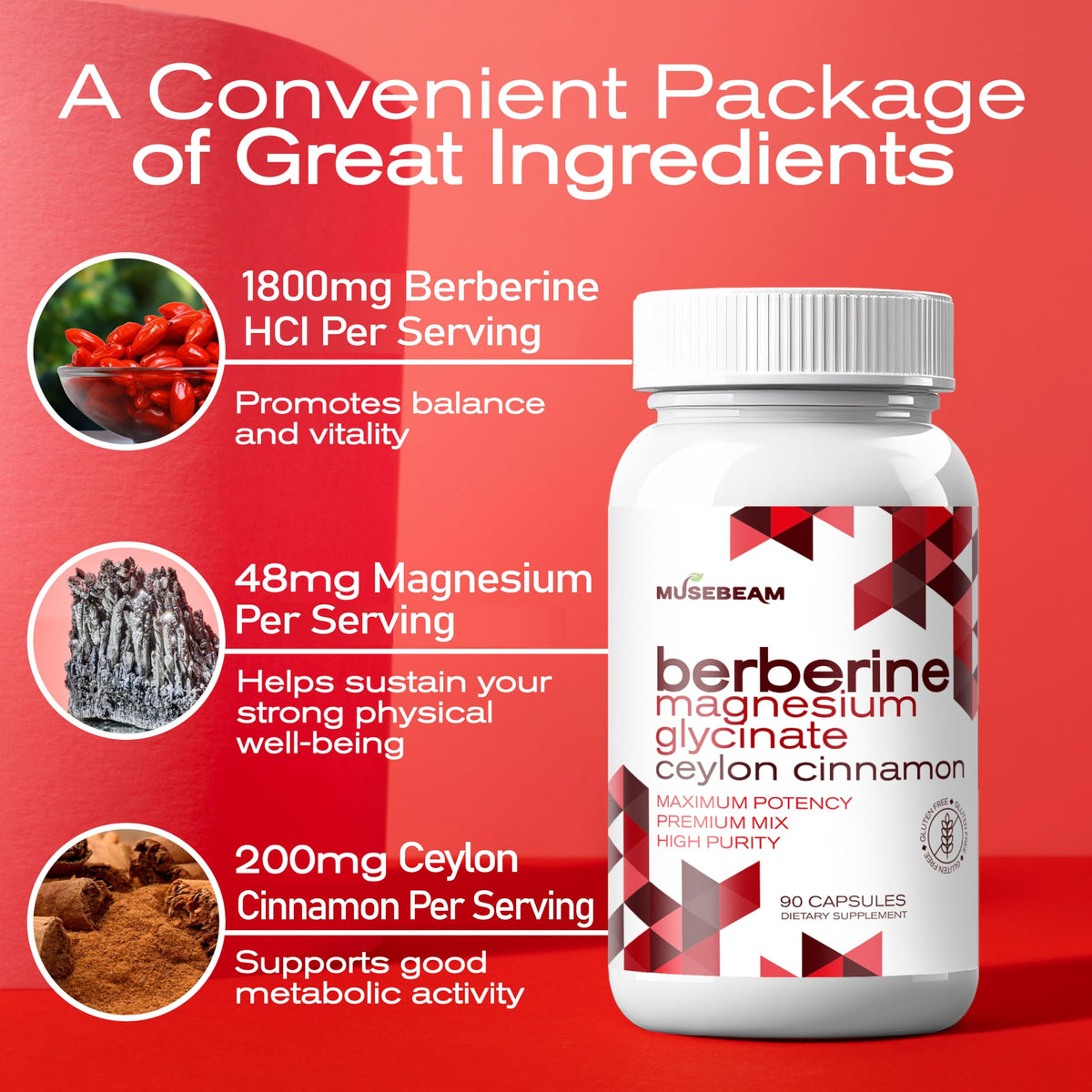 musebeam Complément Alimentaire Berbérine HCl 1800mg 90 Capsules en gros plan