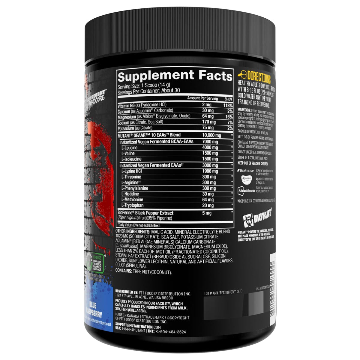 Mutant GEAAR 10g EAAs Arginine Électrolytes Framboise Bleue sur une table de gym