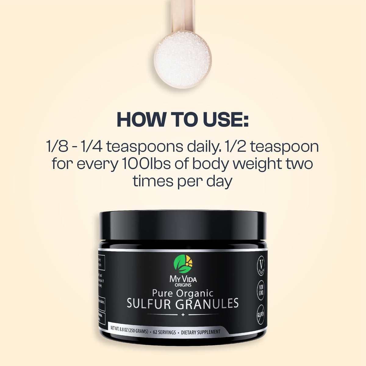 My Vida Origins Soufre Organique Pur granules avec ingrédients naturels en arrière-plan