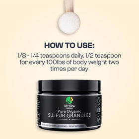 My Vida Origins Soufre Organique Pur granules avec ingrédients naturels en arrière-plan