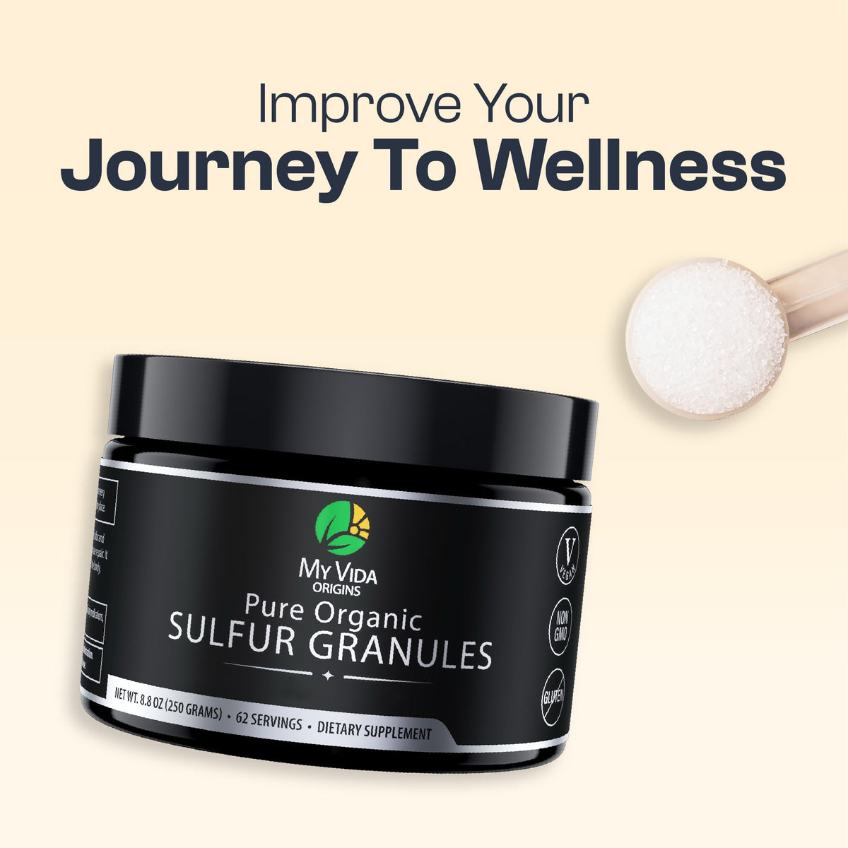 My Vida Origins Soufre Organique Pur granules sur une surface en bois
