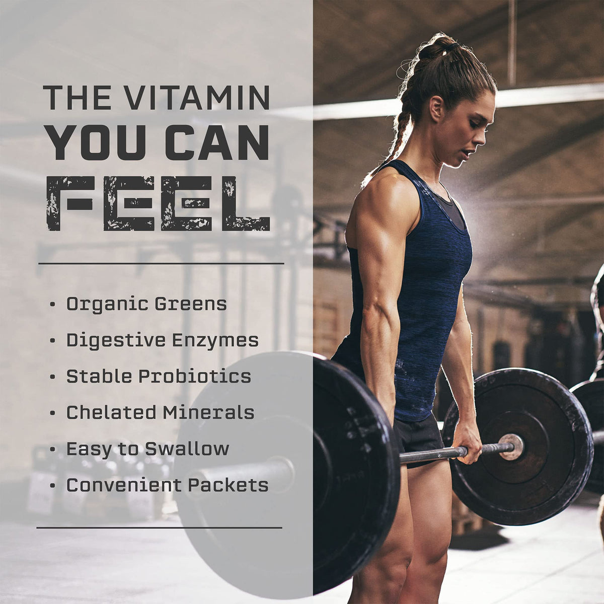 Myogenix Myovite Multivitamine en sachets sur un fond neutre