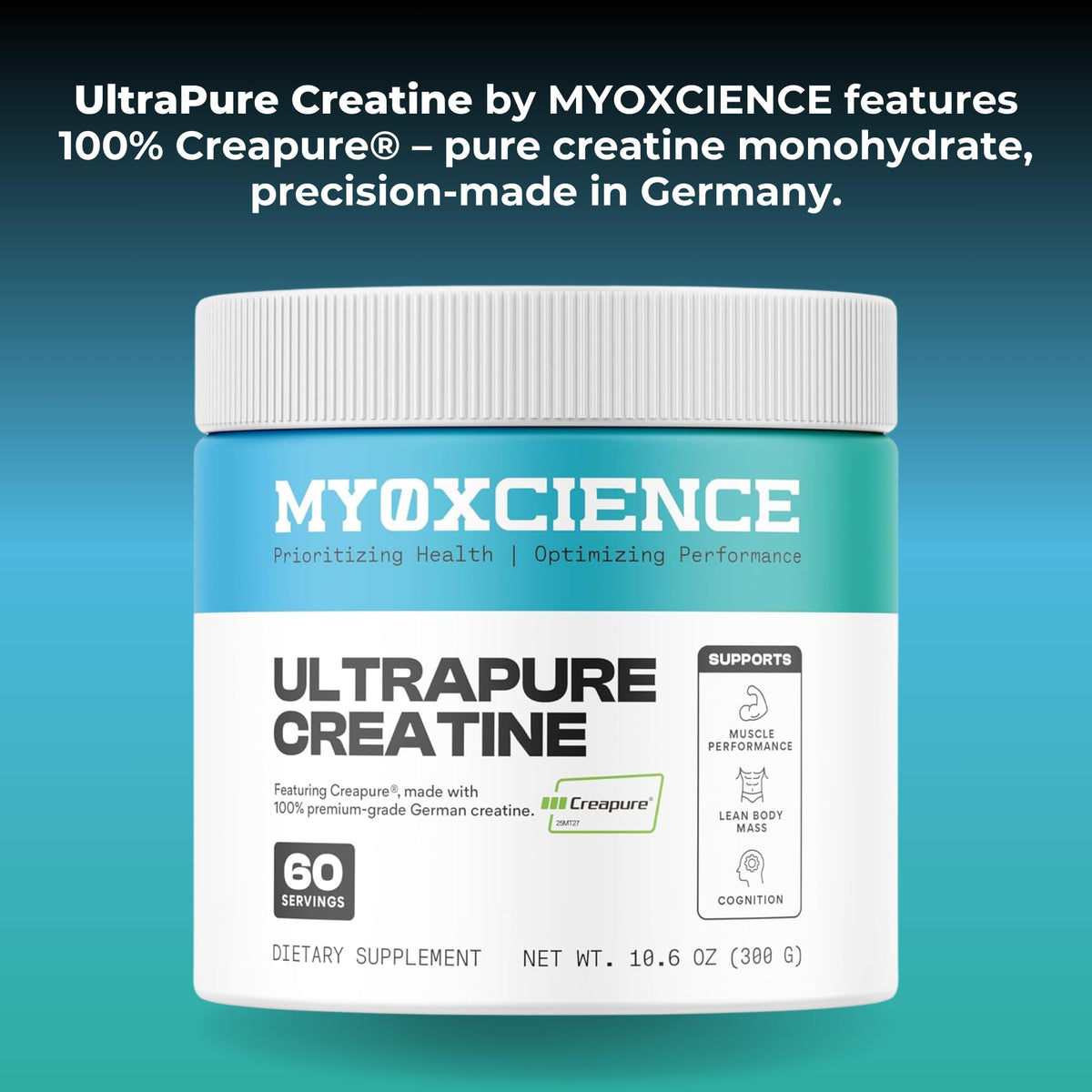 MYOXCIENCE Creapure Créatine Monohydrate 735g dans un shaker