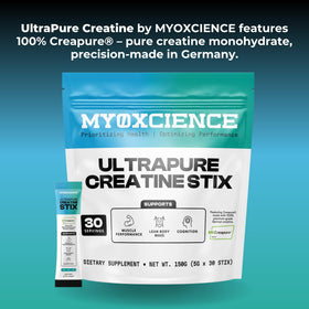 MYOXCIENCE Creapure Creatine Stix avec étiquettes des ingrédients
