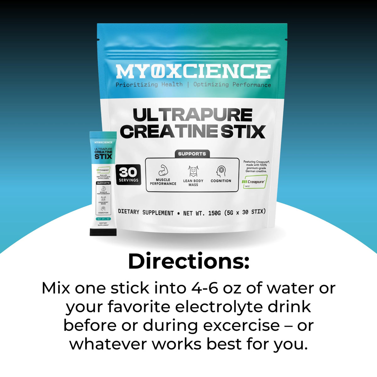 MYOXCIENCE Creapure Creatine Stix en boîte ouverte