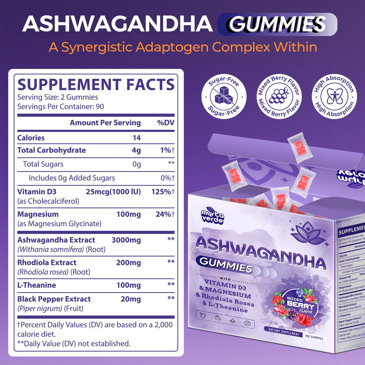 Myrtaverde Gummies Ashwagandha 3000mg emballage individuel