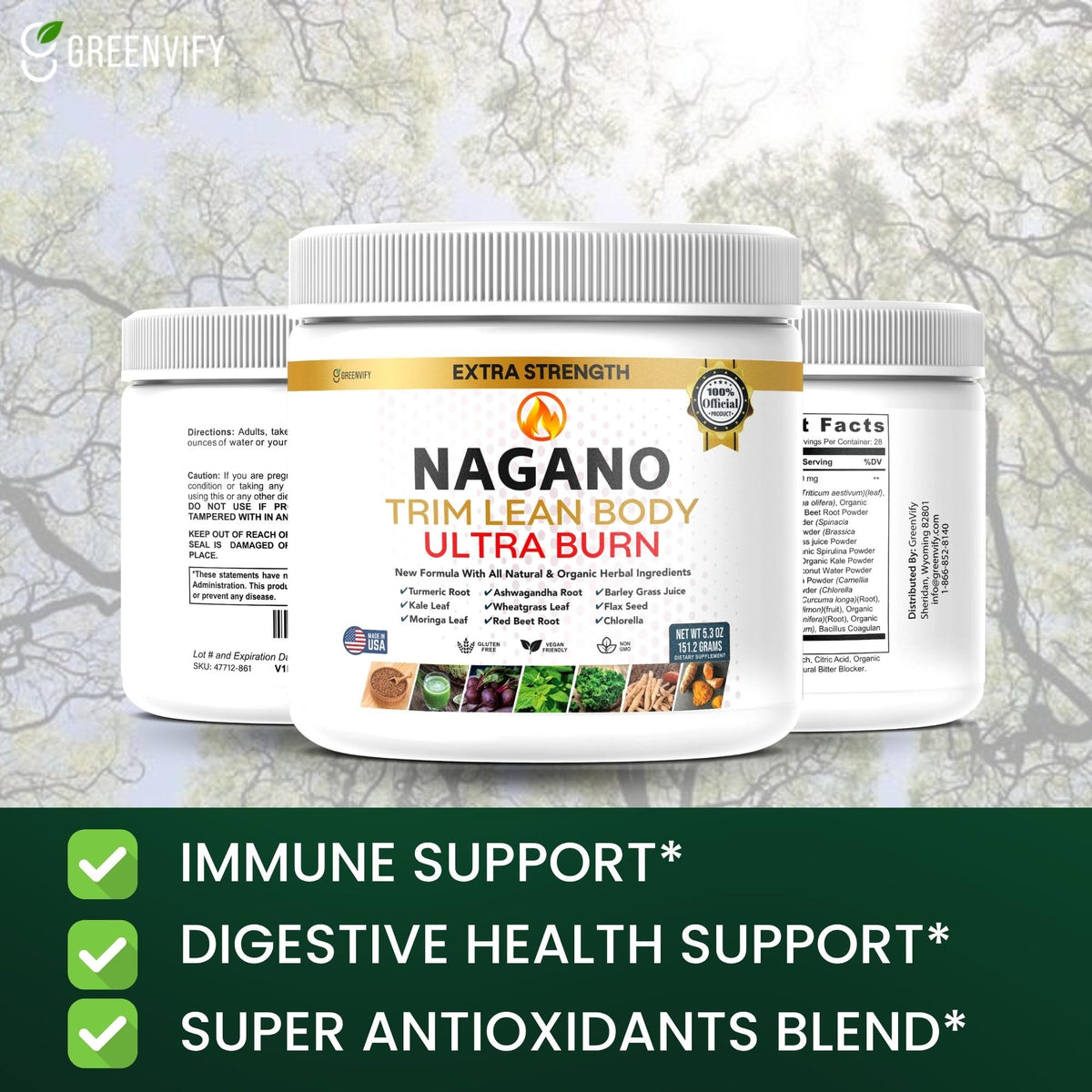 Nagano Trim Poudre Superaliment Bio 150g sur une table avec verre d'eau