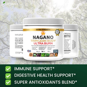 Nagano Trim Poudre Superaliment Bio 150g sur une table avec verre d'eau