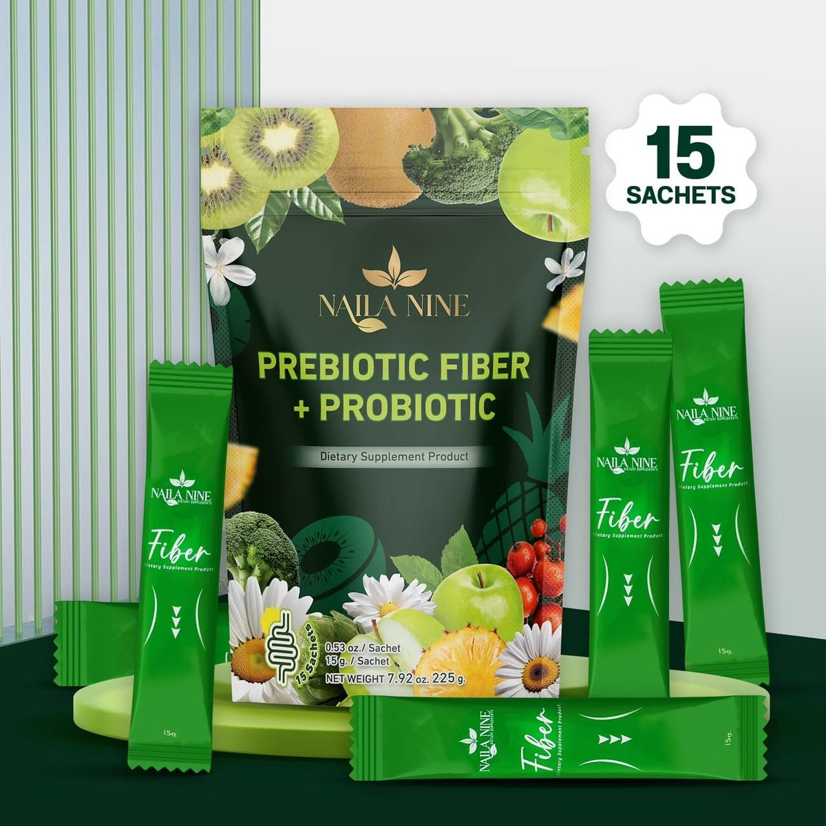 NAILA NINE présentation des sachets avec fruits frais en arrière-plan
