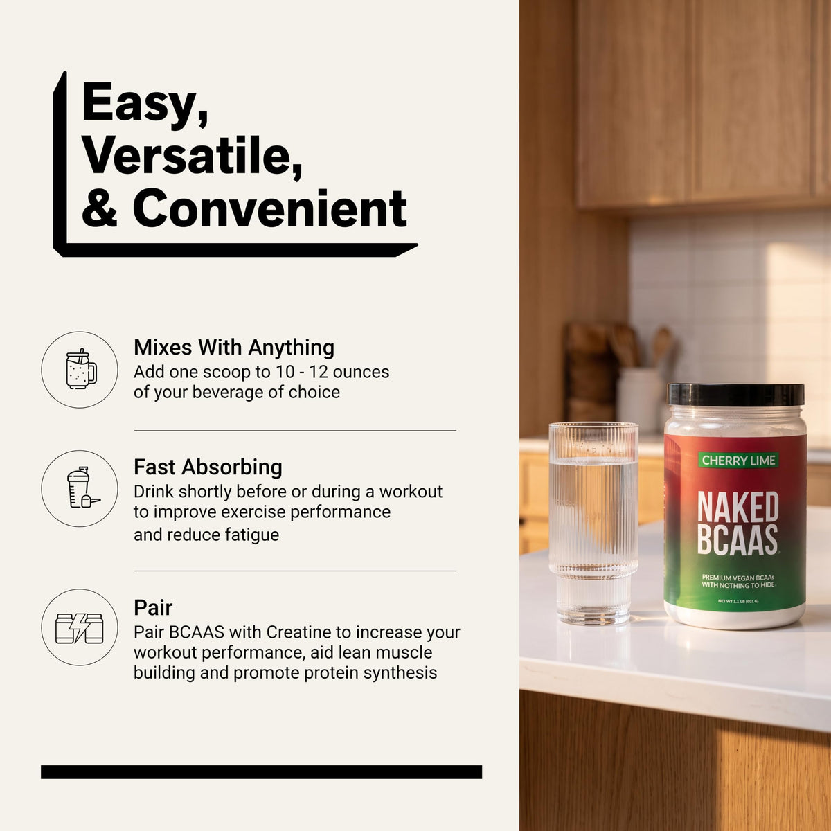 NAKED BCAA Poudre Cherry Lime 501g sur un plan de travail