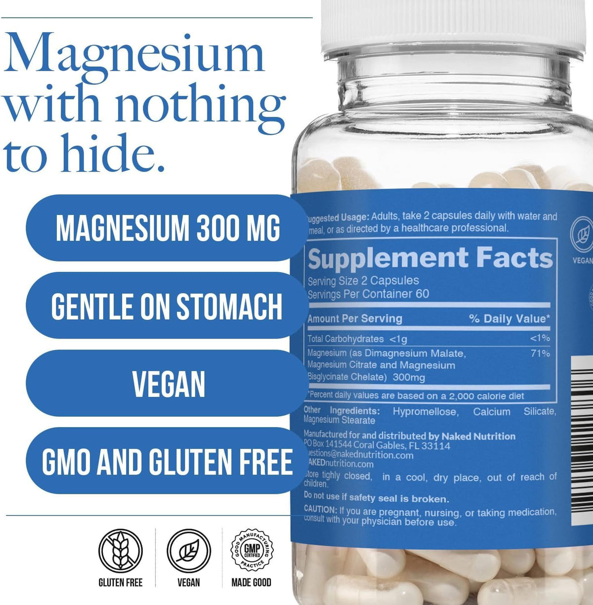 NAKED complexe de magnésium glycinate 300mg capsules ouvertes