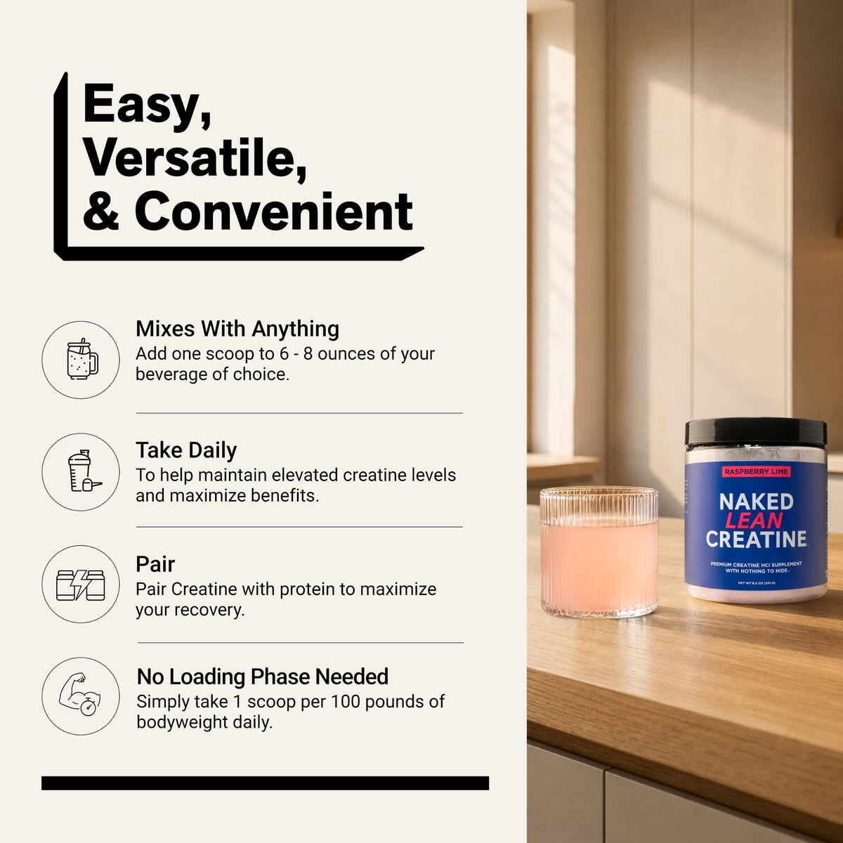 NAKED Créatine HCl Lean Poudre 281g sur une table