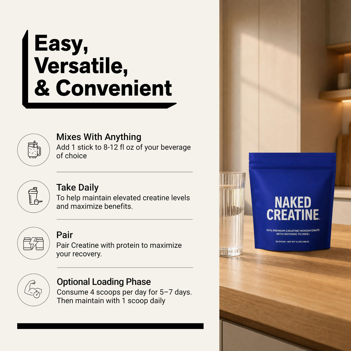 NAKED Créatine Micronisée stick packs avec une étiquette de certification NSF