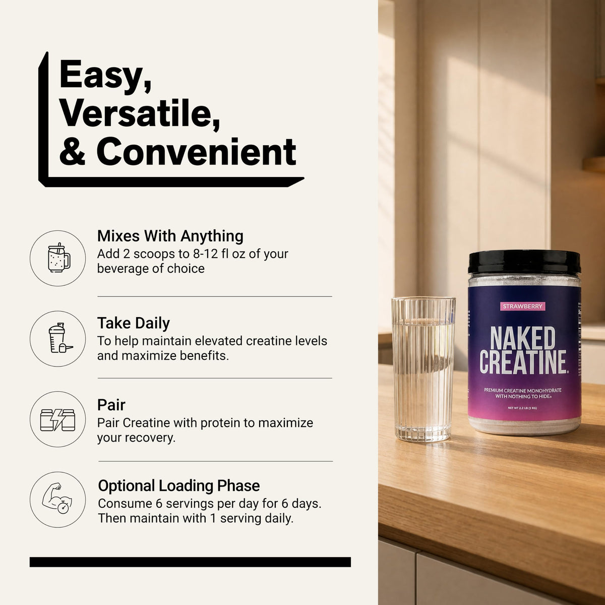NAKED Creatine Monohydrate à la fraise avec une cuillère dosette