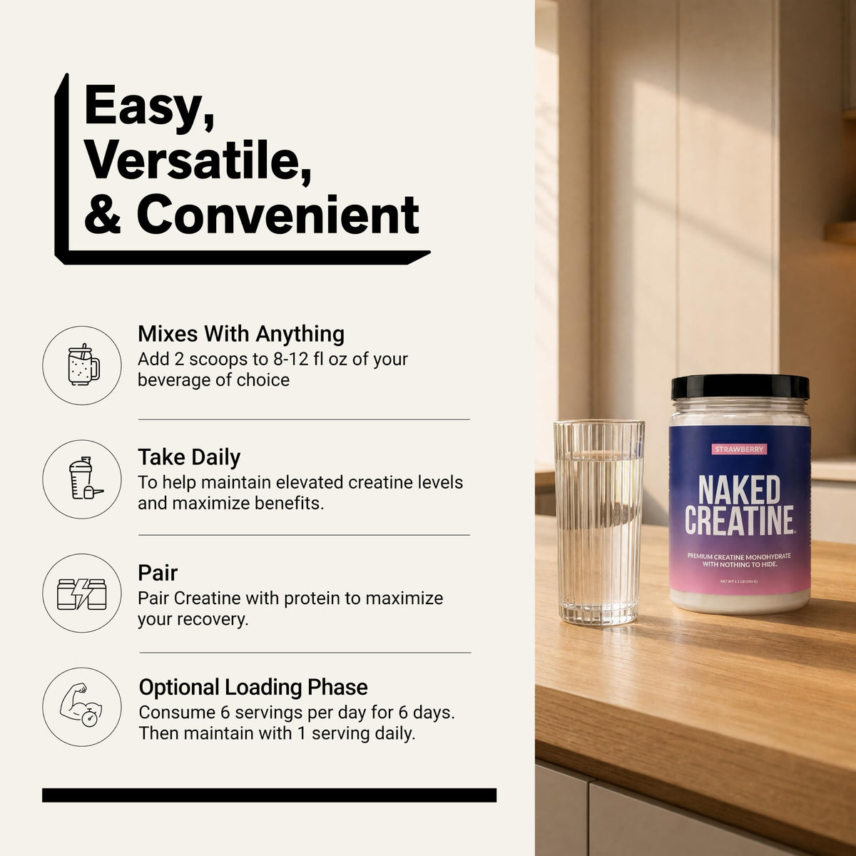 NAKED Créatine Monohydrate Saveur Fraise 581g avec un verre d'eau