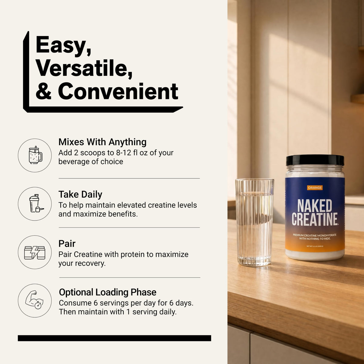 NAKED Creatine Monohydrate sur une table de nutrition