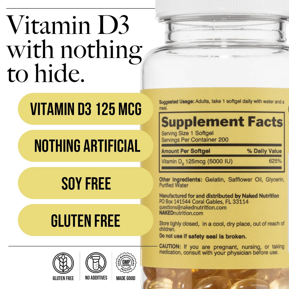 NAKED Vitamine D3 5000 IU gélules sur une table