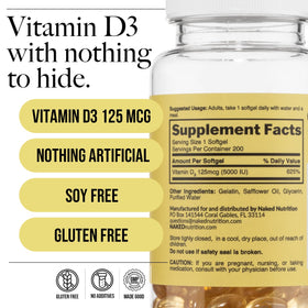 NAKED Vitamine D3 5000 IU gélules sur une table