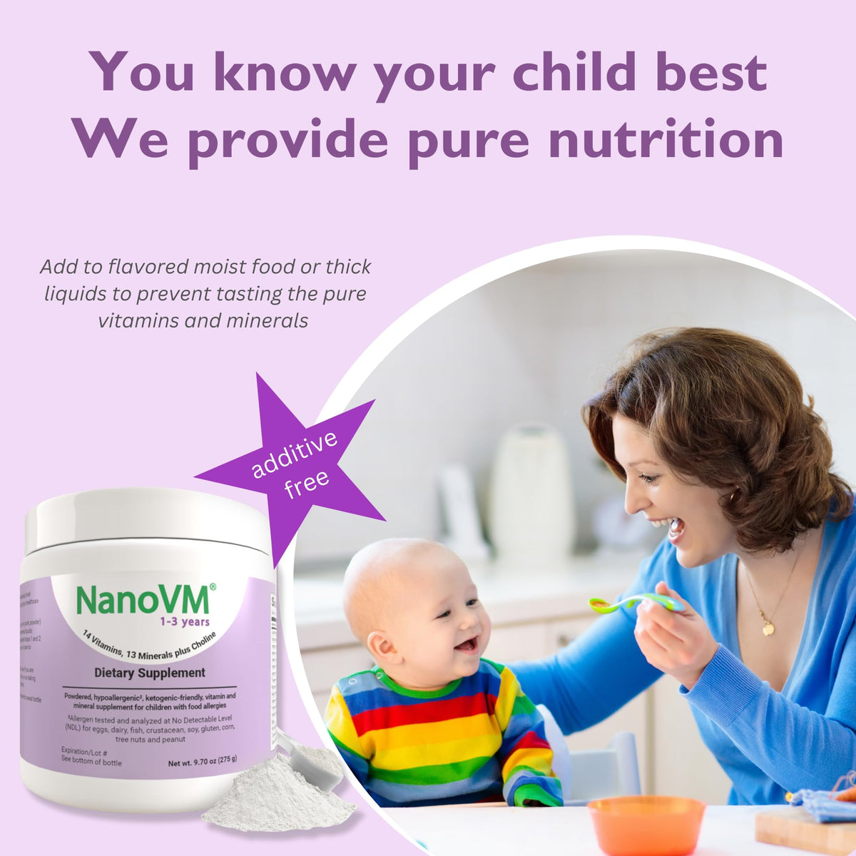 NanoVM multivitamines 1-3 ans sur une table avec d'autres aliments