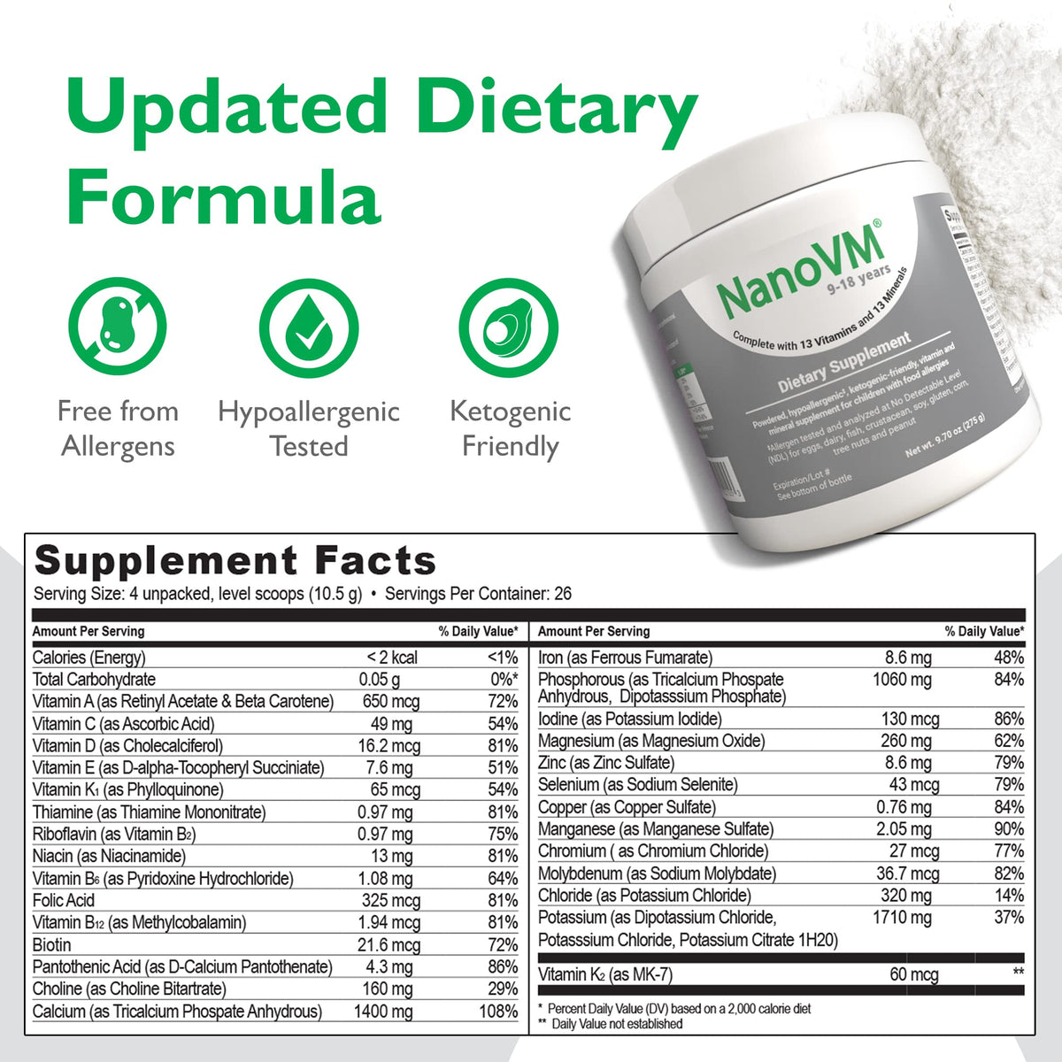 NanoVM Multivitamines en Poudre 275g étiquette et composition