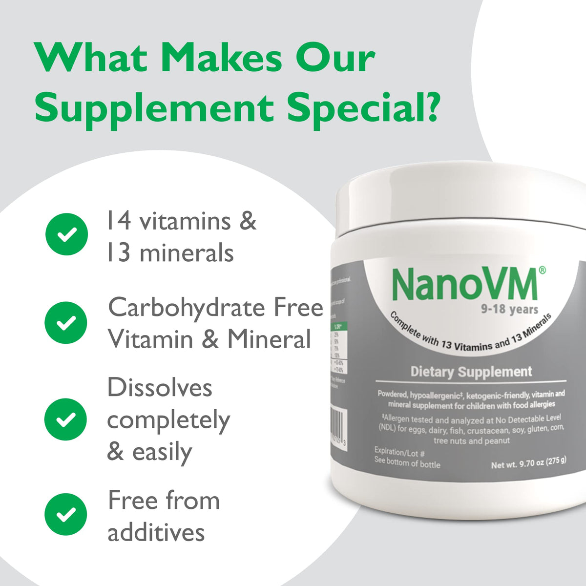 NanoVM Multivitamines en Poudre 275g sur une table avec des fruits