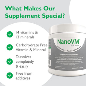 NanoVM Multivitamines en Poudre 275g sur une table avec des fruits