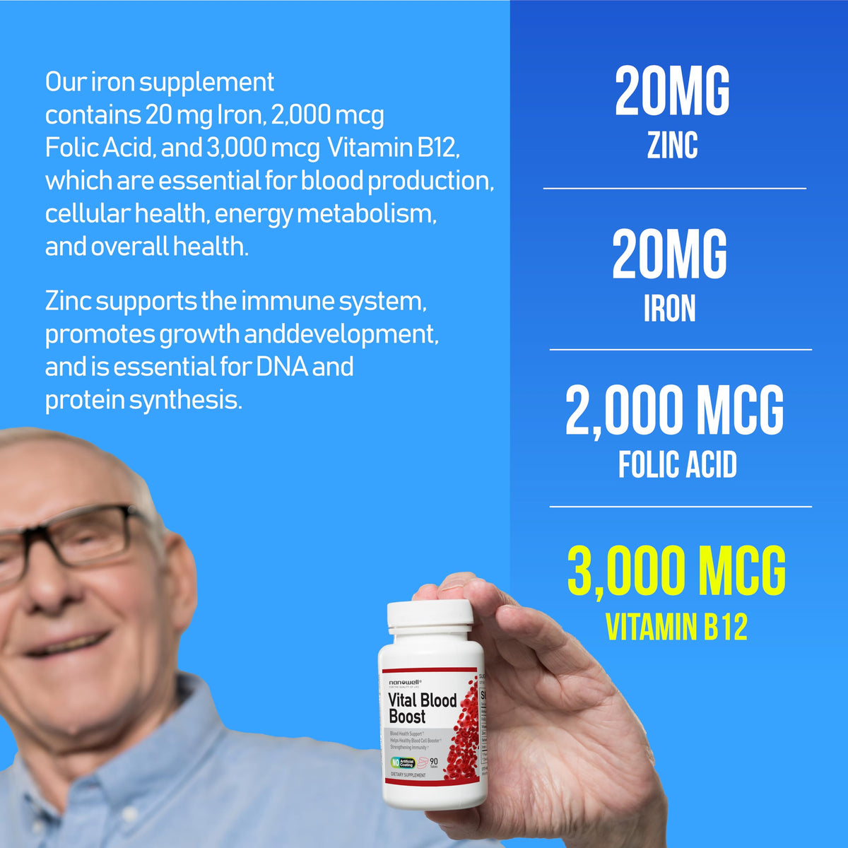NANOWELL Complément Alimentaire Fer B12 Zinc Sélénium 90 Comprimés en gros plan